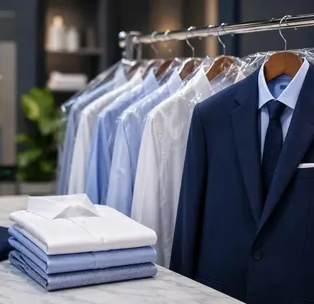 A navy suit and pressed shirts on a rail beside folded laundry